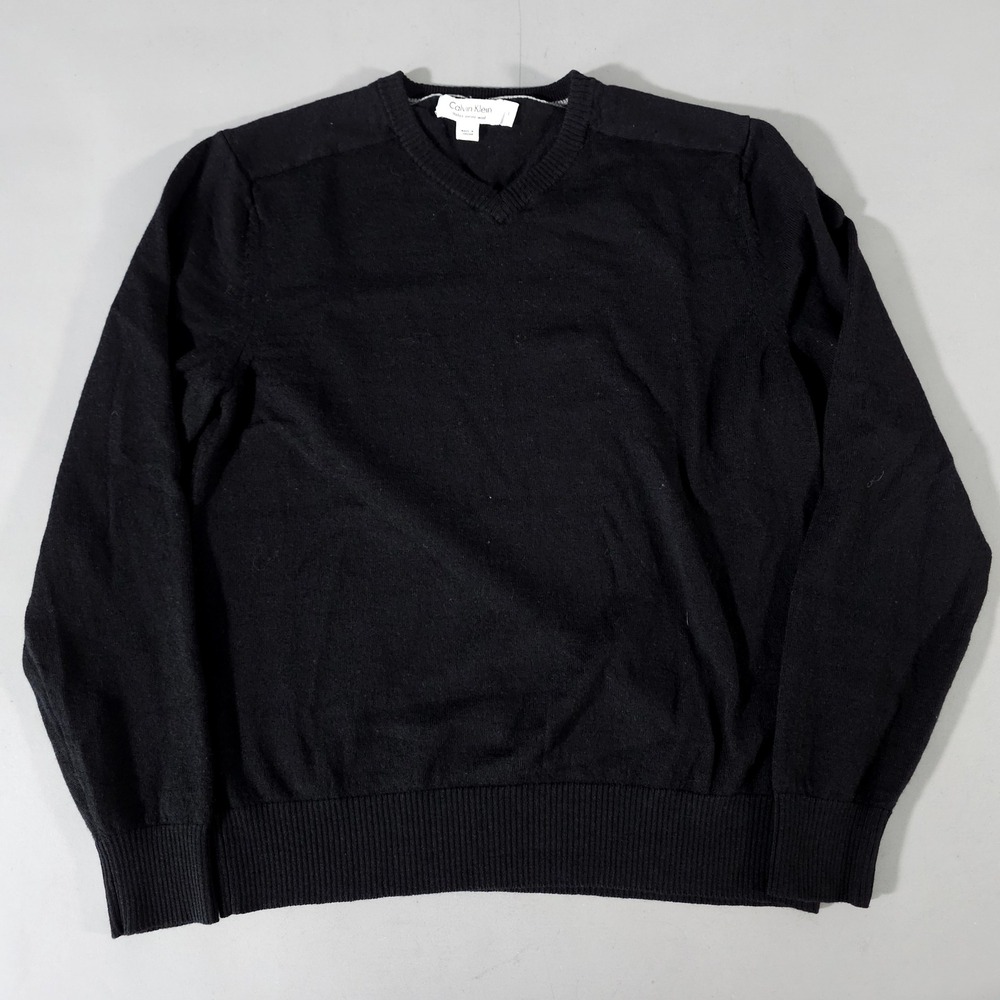 Calvin Klein V-Neck Sweater Mens Small Black Italian Merino Wool Pullover